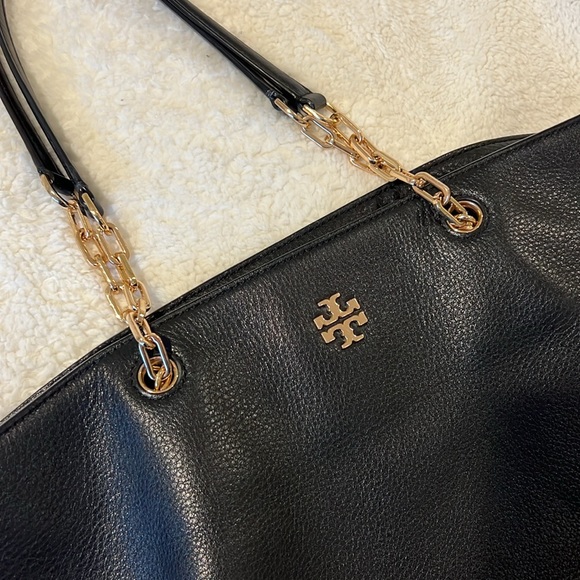 tory burch mcgraw leather tote bag black with gold accents large - Picture 2 of 6